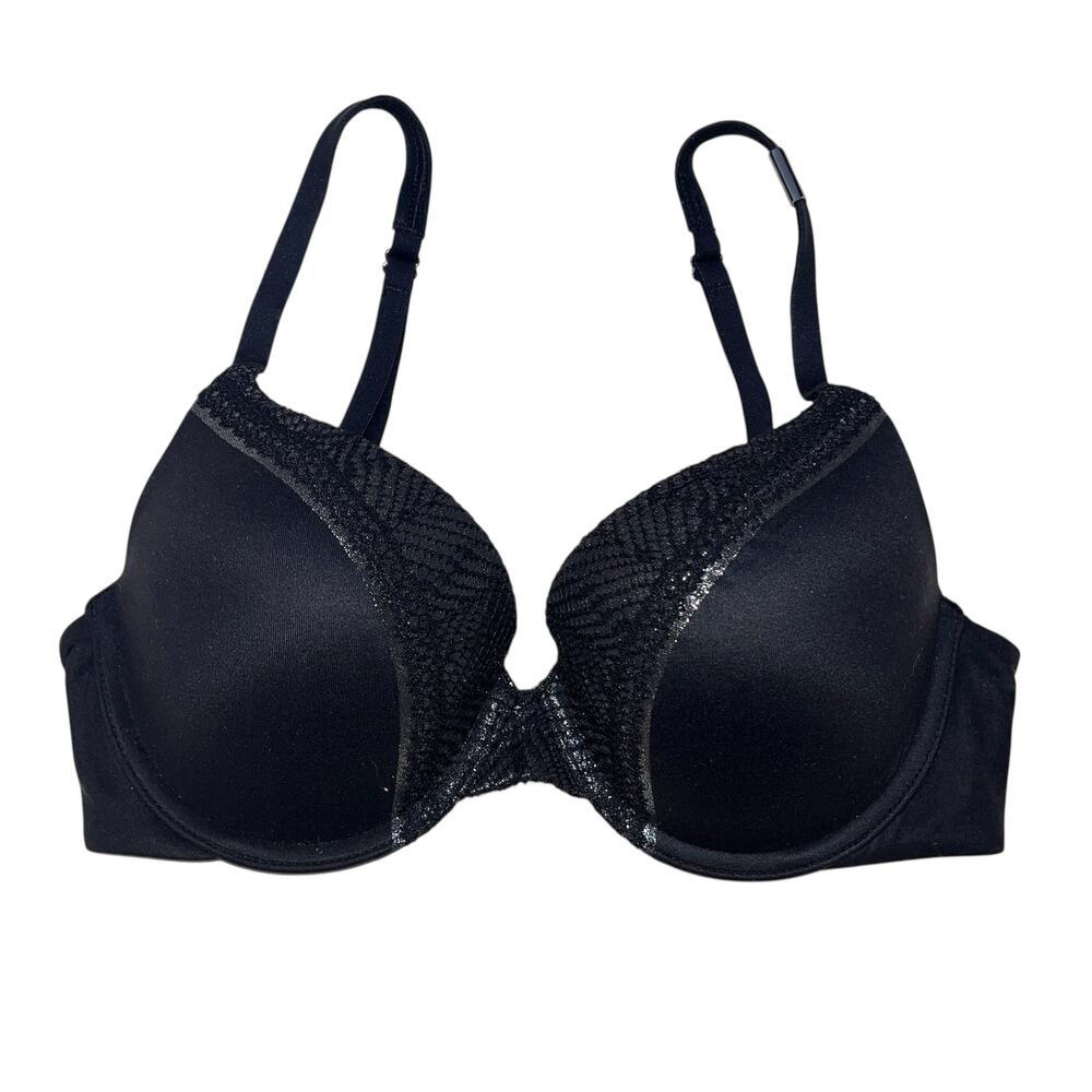 Victoria's Secret Perfect Shape Shimmer Metallic Crochet Black Push-Up Bra 32D